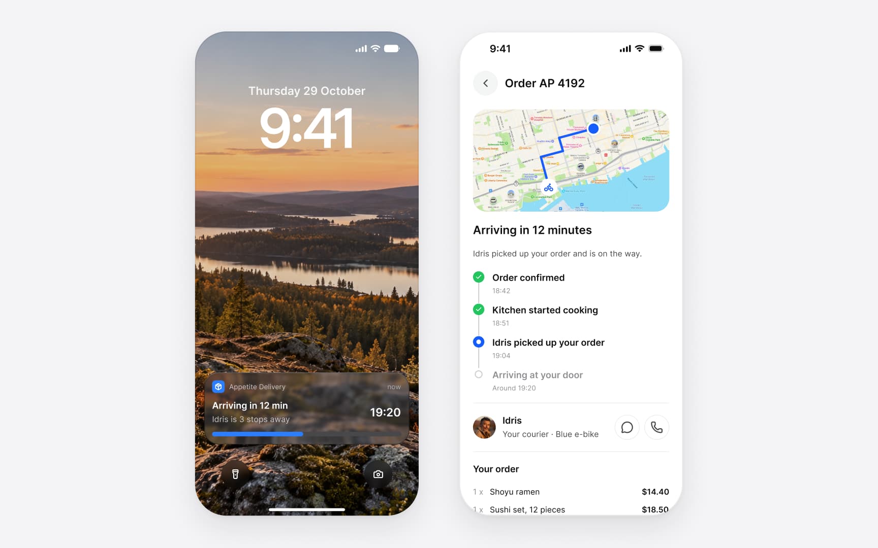 Two iPhone screens of a food order: a lock screen with a Live Activity from Appetite Delivery, arriving in 12 min at 19:20 with a progress bar, and the order AP 4192 with the courier's route on a map, its steps from Order confirmed to Arriving at your door, the courier Idris and the items