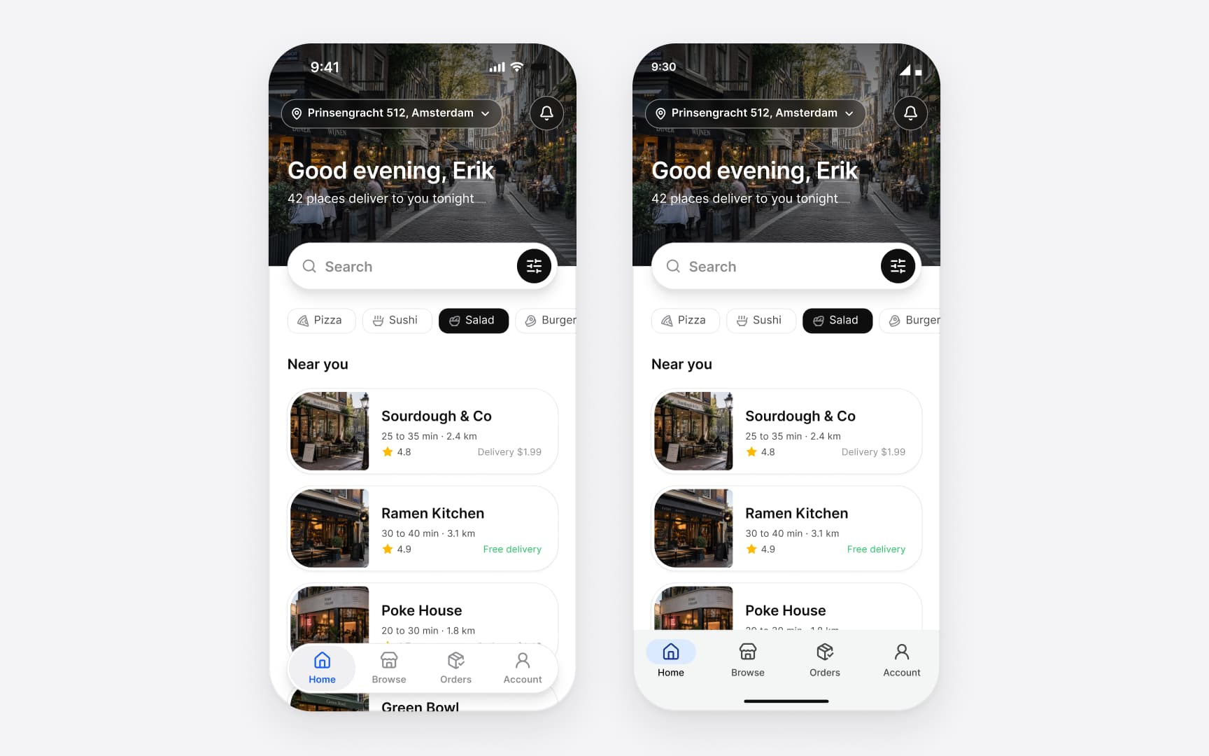 One food delivery home screen on iOS and on Android side by side: Good evening, Erik over a street photo, a search field, cuisine filters with Salad chosen and restaurants near you, Sourdough & Co, Ramen Kitchen and Poke House, over each platform's own tab bar