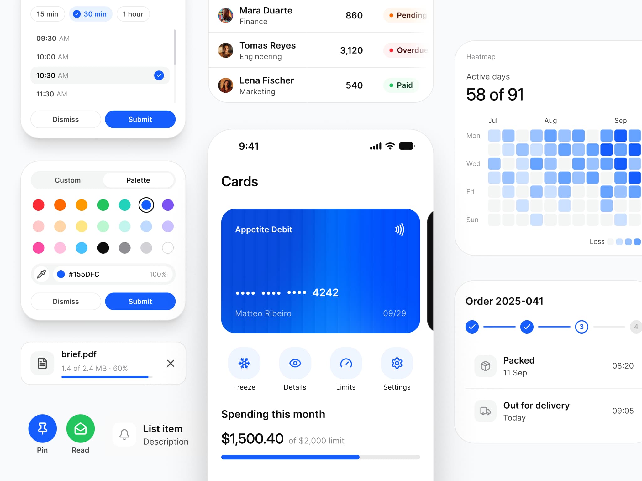 Appetite UI components in the kit's blue: a time picker with 10:30 AM chosen, a color picker on the brand blue, a file upload at 60%, a table of people with paid and pending tags, the Finance Cards screen with a blue debit card and this month's spending, a heatmap of active days and an order status card with its progress steps