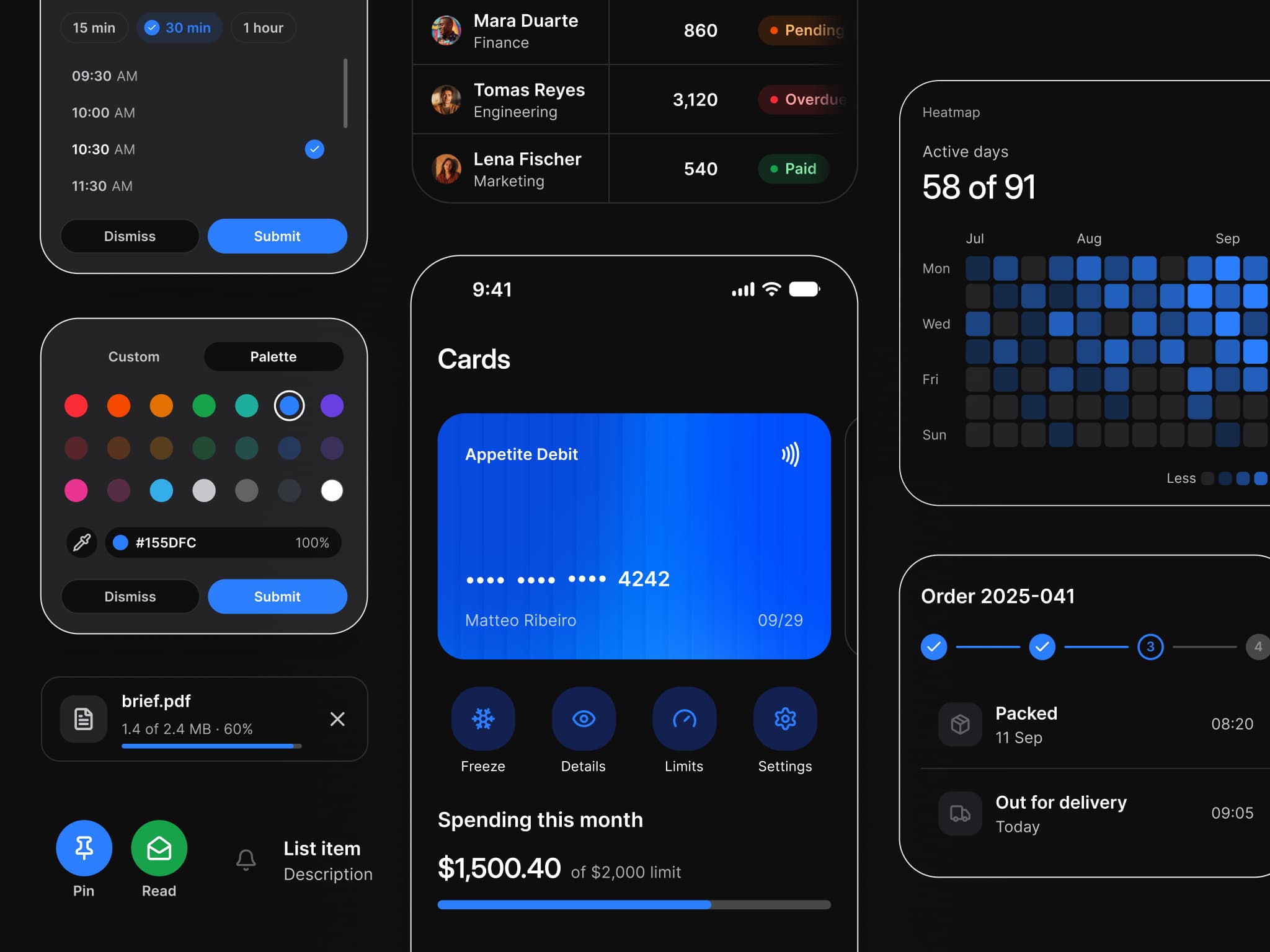 Appetite UI components in the kit's blue: a time picker with 10:30 AM chosen, a color picker on the brand blue, a file upload at 60%, a table of people with paid and pending tags, the Finance Cards screen with a blue debit card and this month's spending, a heatmap of active days and an order status card with its progress steps