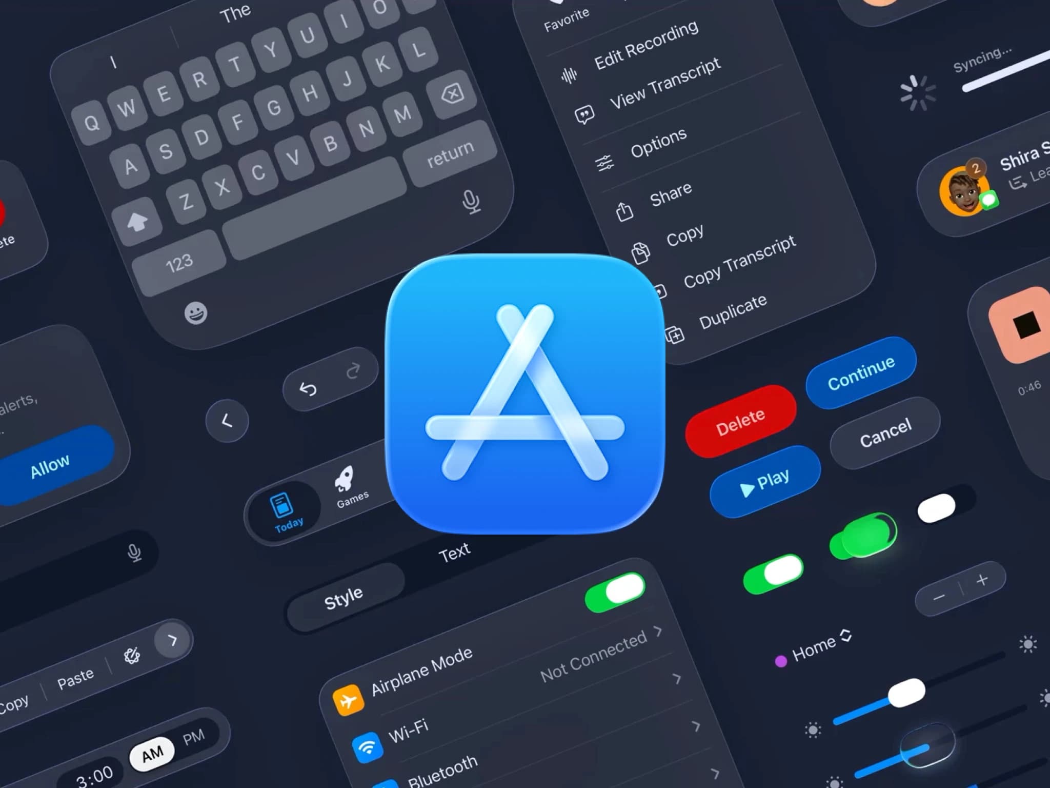 Dark iOS components tilted around the App Store icon: a keyboard, a context menu, capsule buttons, toggles, sliders, a settings list and an AM and PM time picker.