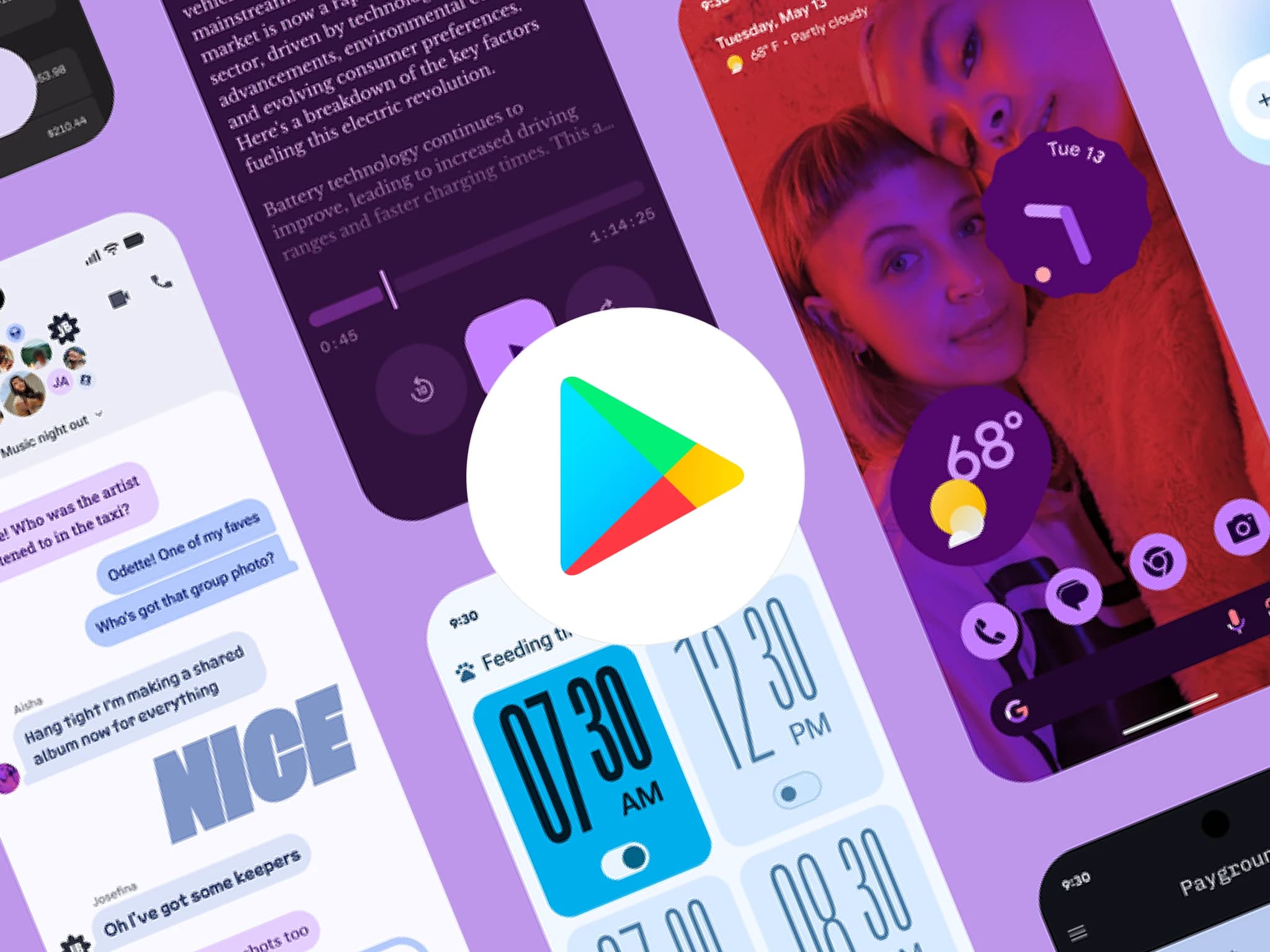 Material 3 screens tilted on a lilac ground around the Google Play icon: a dark audio player, a light messaging thread, a red photo home screen with purple widgets and two clock faces in a light time picker.