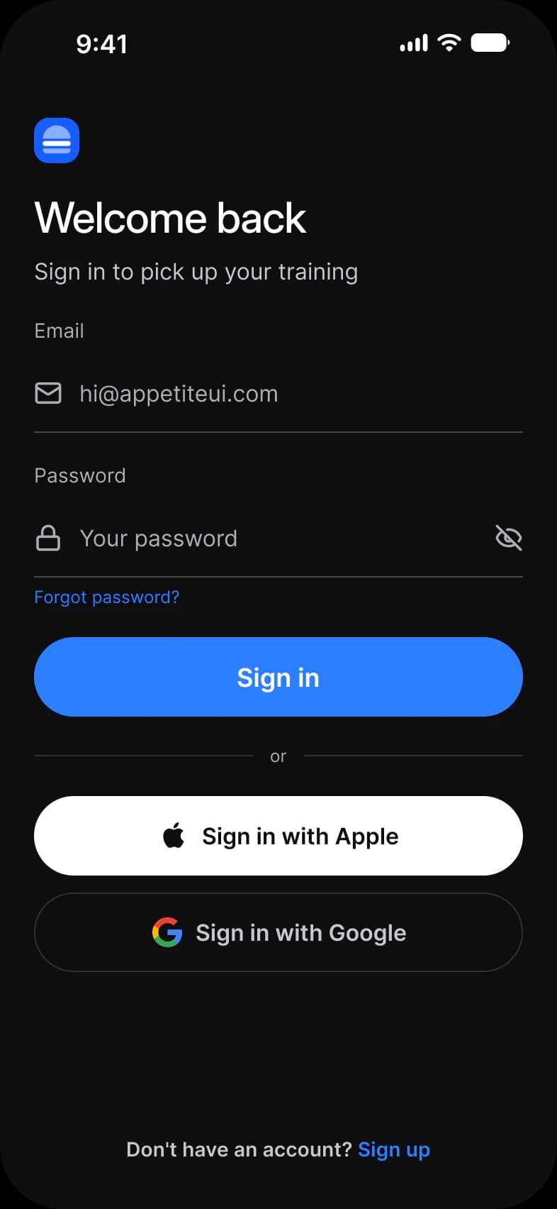 Onboarding sign in screen with the form first in dark mode: Welcome back, Email and Password fields with a Forgot password link, a Sign in button, an or divider and wide Sign in with Apple and Sign in with Google buttons