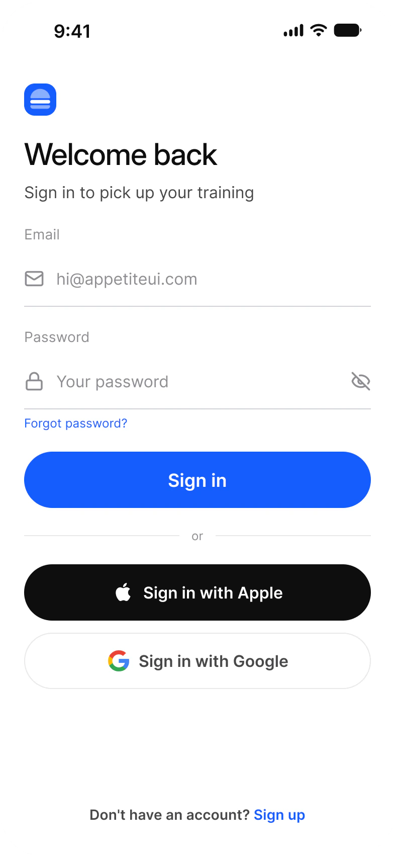 Onboarding sign in screen with the form first: Welcome back, Email and Password fields with a Forgot password link, a Sign in button, an or divider and wide Sign in with Apple and Sign in with Google buttons