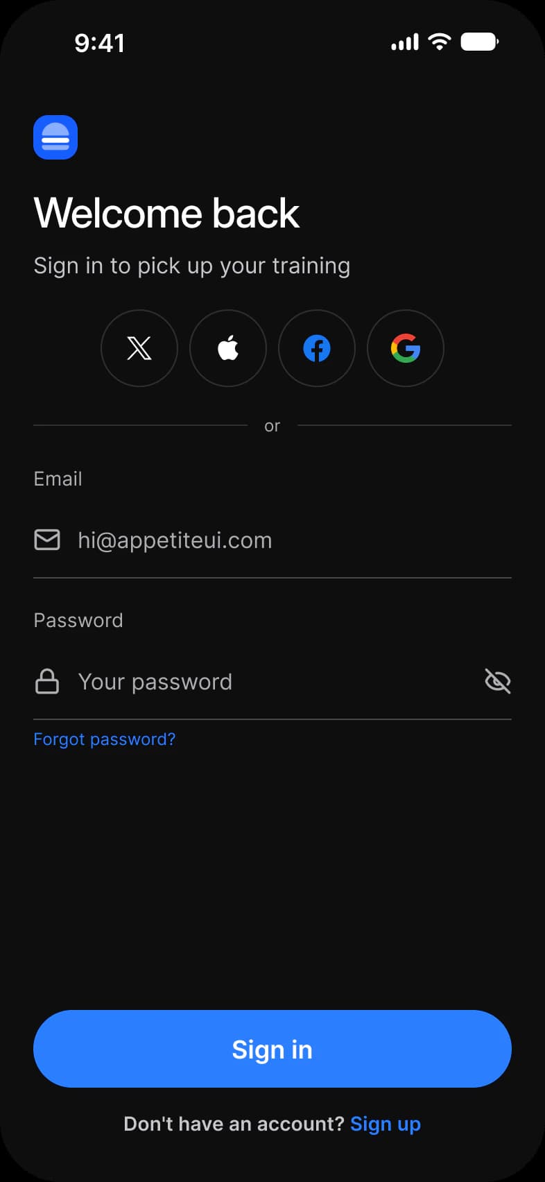 Onboarding sign in screen with social buttons first in dark mode: Welcome back, four round buttons for X, Apple, Facebook and Google, an or divider, Email and Password fields with a Forgot password link, and a Sign in button above the Sign up link