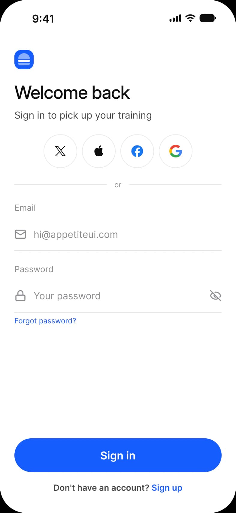 Onboarding sign in screen with social buttons first: Welcome back, four round buttons for X, Apple, Facebook and Google, an or divider, Email and Password fields with a Forgot password link, and a Sign in button above the Sign up link