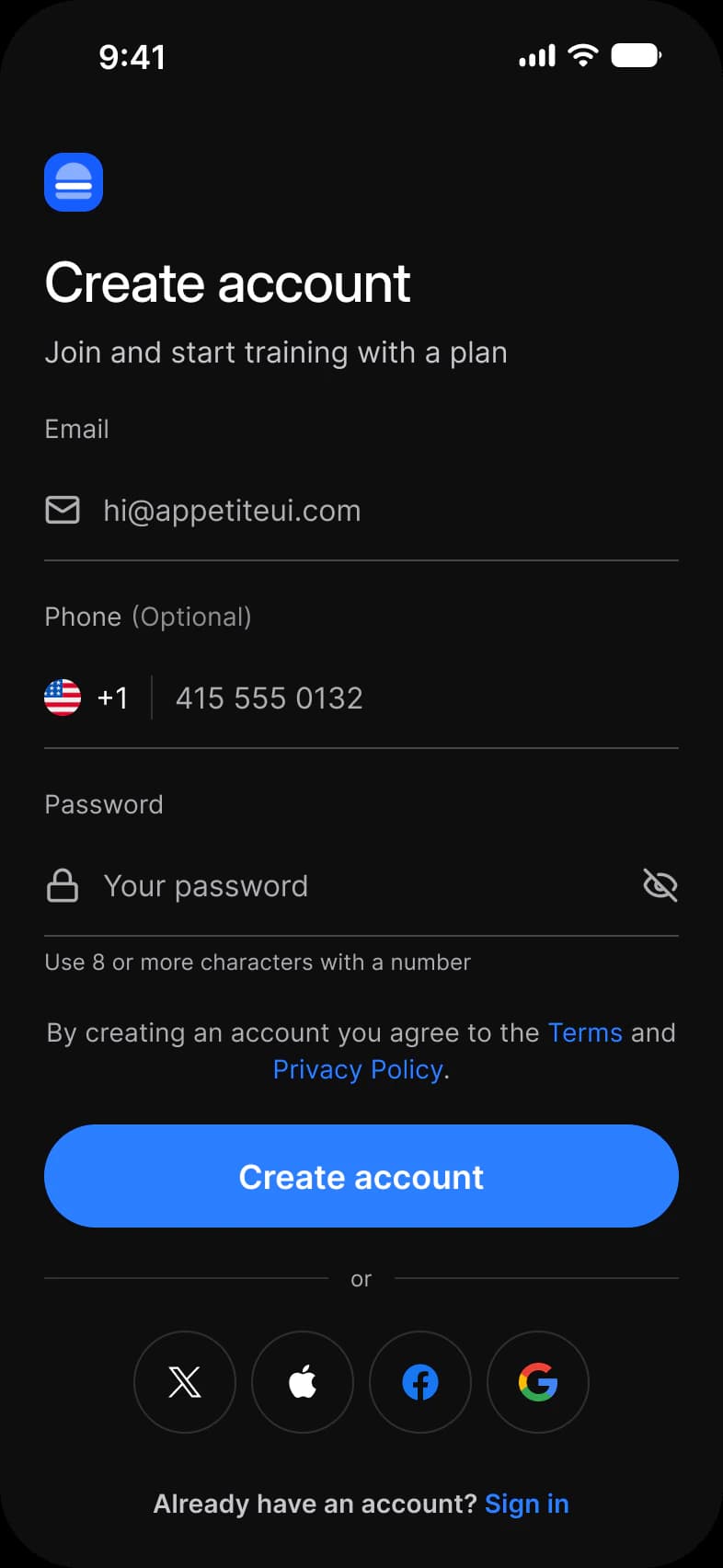 Onboarding sign up screen in dark mode: Create account with Email, optional Phone with a country flag and Password fields, a password hint, a Terms and Privacy Policy consent line, a Create account button, four round social buttons and a link to sign in