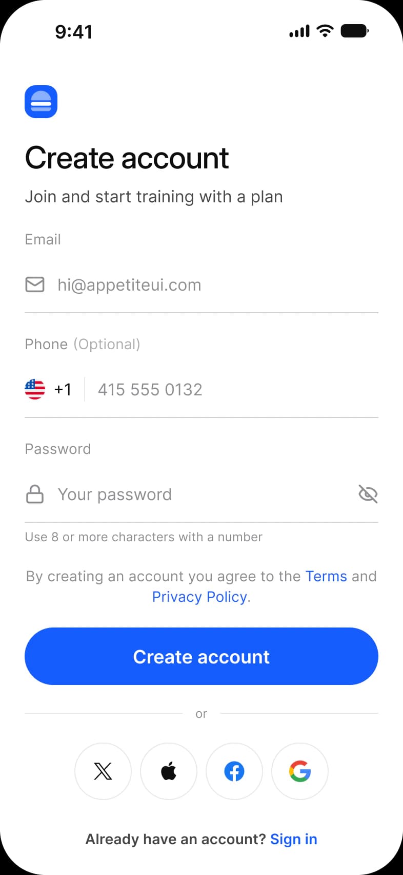 Onboarding sign up screen: Create account with Email, optional Phone with a country flag and Password fields, a password hint, a Terms and Privacy Policy consent line, a Create account button, four round social buttons and a link to sign in