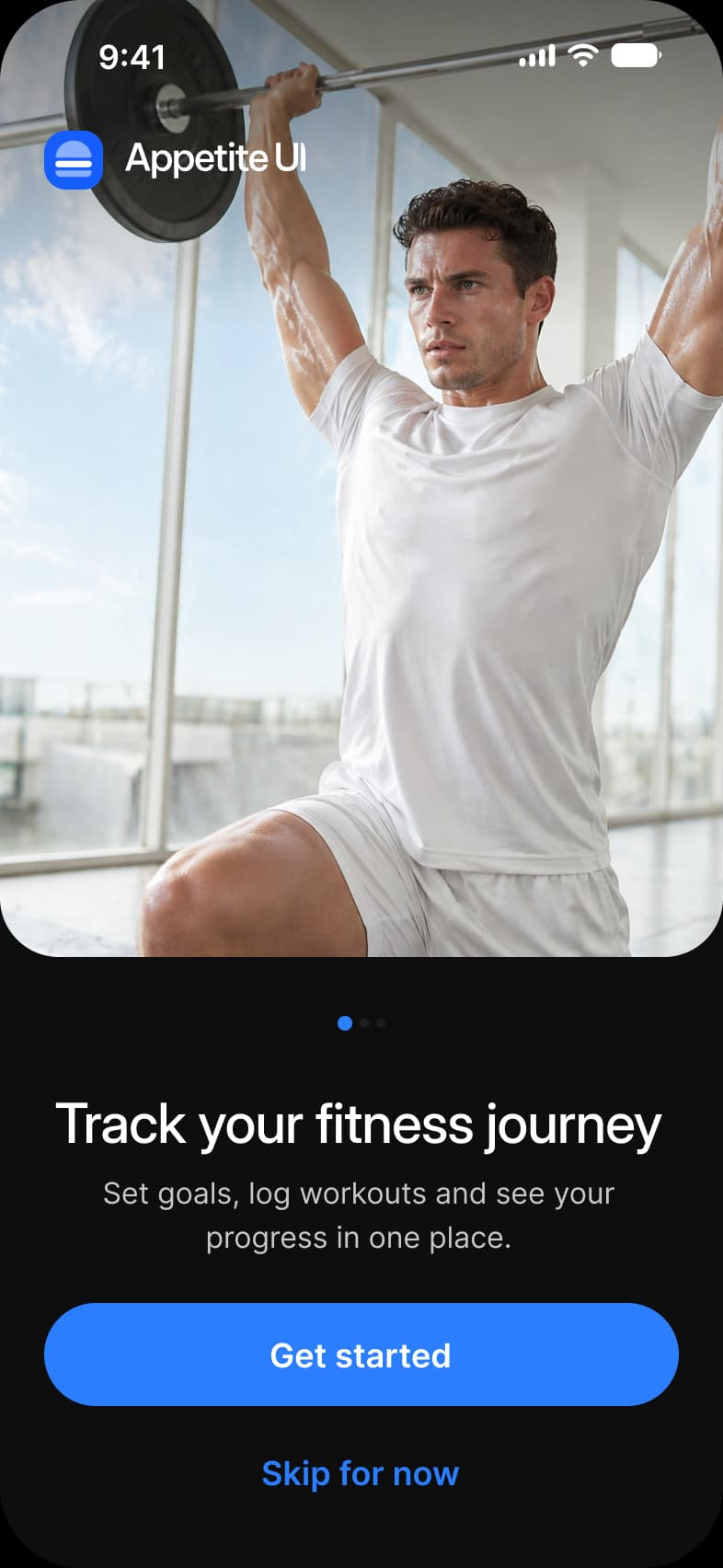 Onboarding welcome screen in dark mode: a full bleed photograph of an athlete lifting a barbell with the Appetite UI logo on it, the headline Track your fitness journey, one line of support, three pagination dots, a Get started button and a Skip for now link