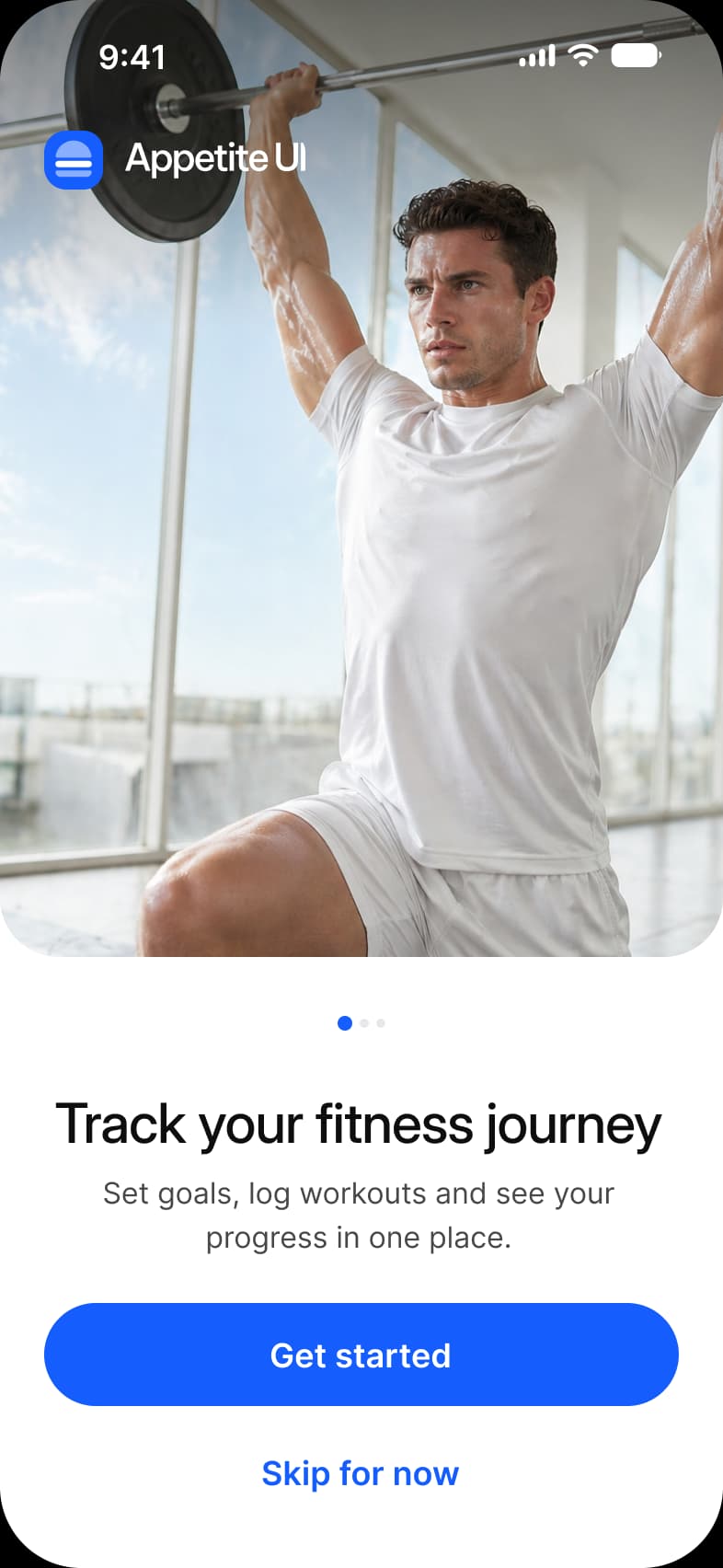 Onboarding welcome screen: a full bleed photograph of an athlete lifting a barbell with the Appetite UI logo on it, the headline Track your fitness journey, one line of support, three pagination dots, a Get started button and a Skip for now link