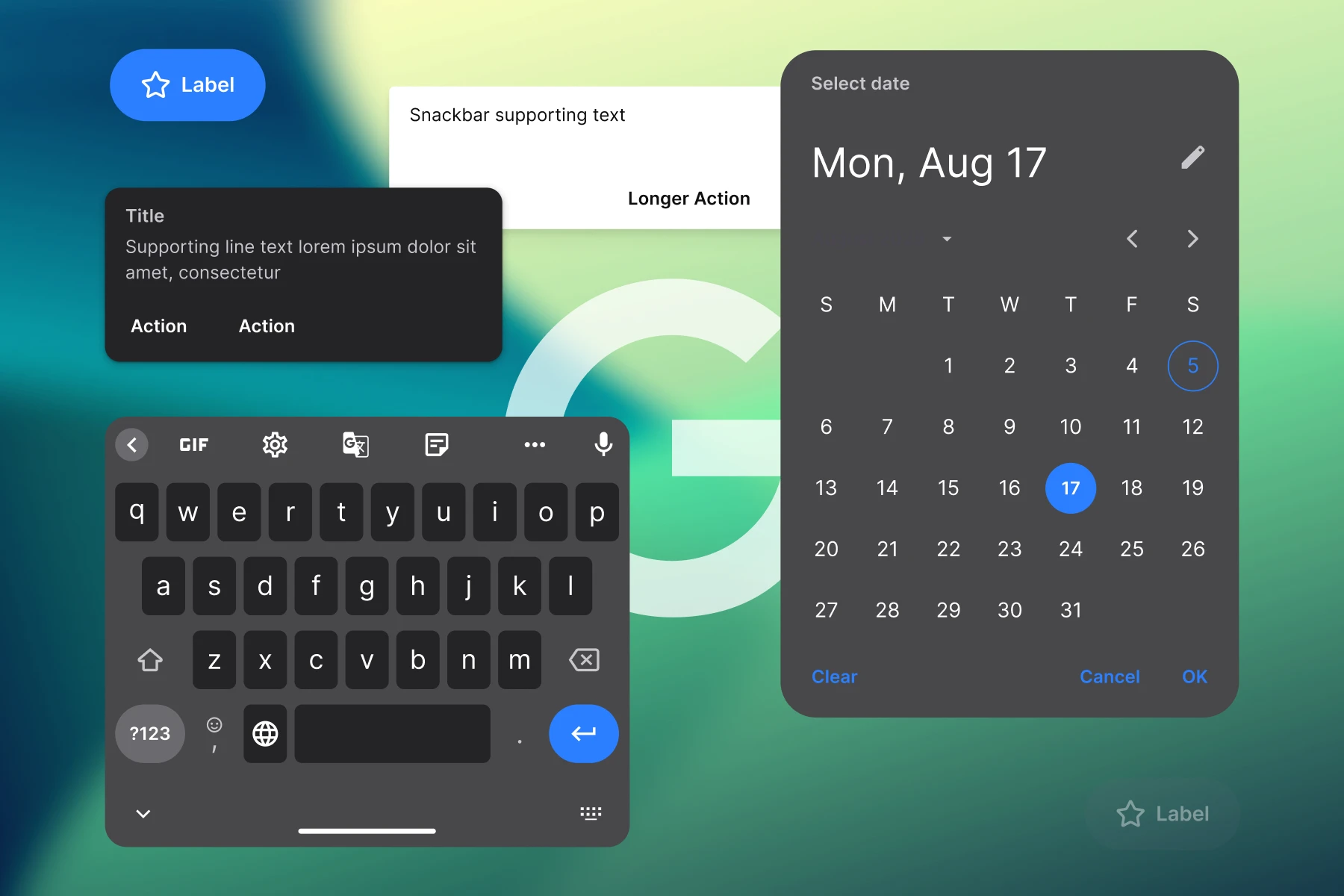 Material 3 components: an extended button in the brand blue, a snackbar, a dialog, a keyboard and a date picker with the selected day in the brand blue