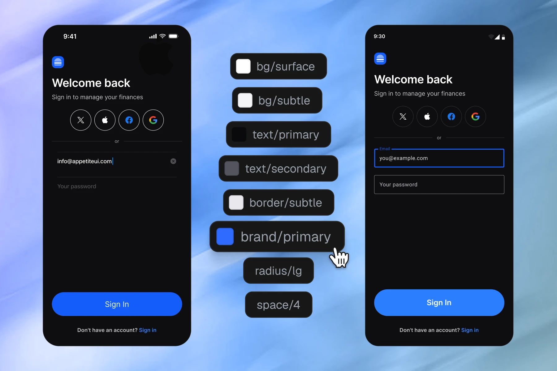 An iOS and an Android sign in screen in dark mode with the tokens both read listed between them: bg/surface, bg/subtle, text/primary, text/secondary, border/subtle, brand/primary, radius/lg and space/4
