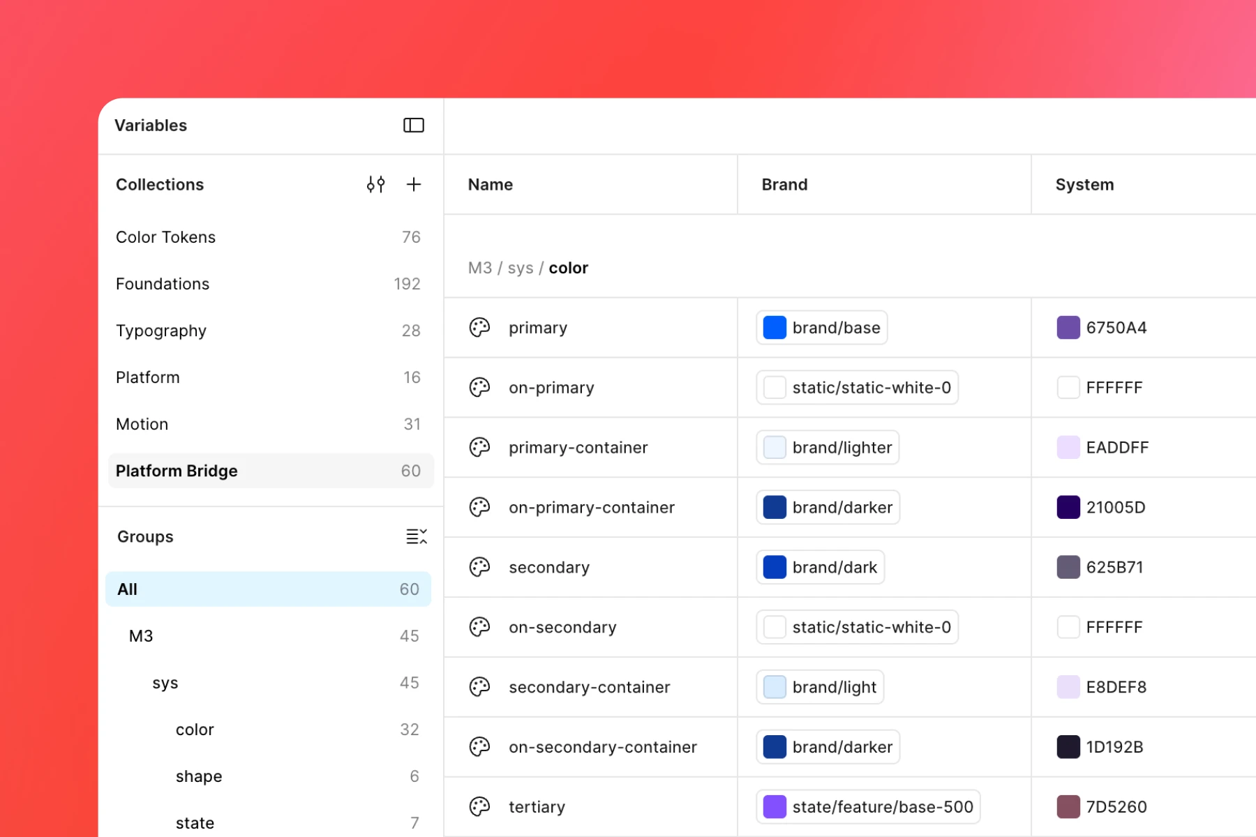 The Platform Bridge collection in the Figma variables panel: Material 3 color roles with a Brand column of brand tokens and a System column of Material values