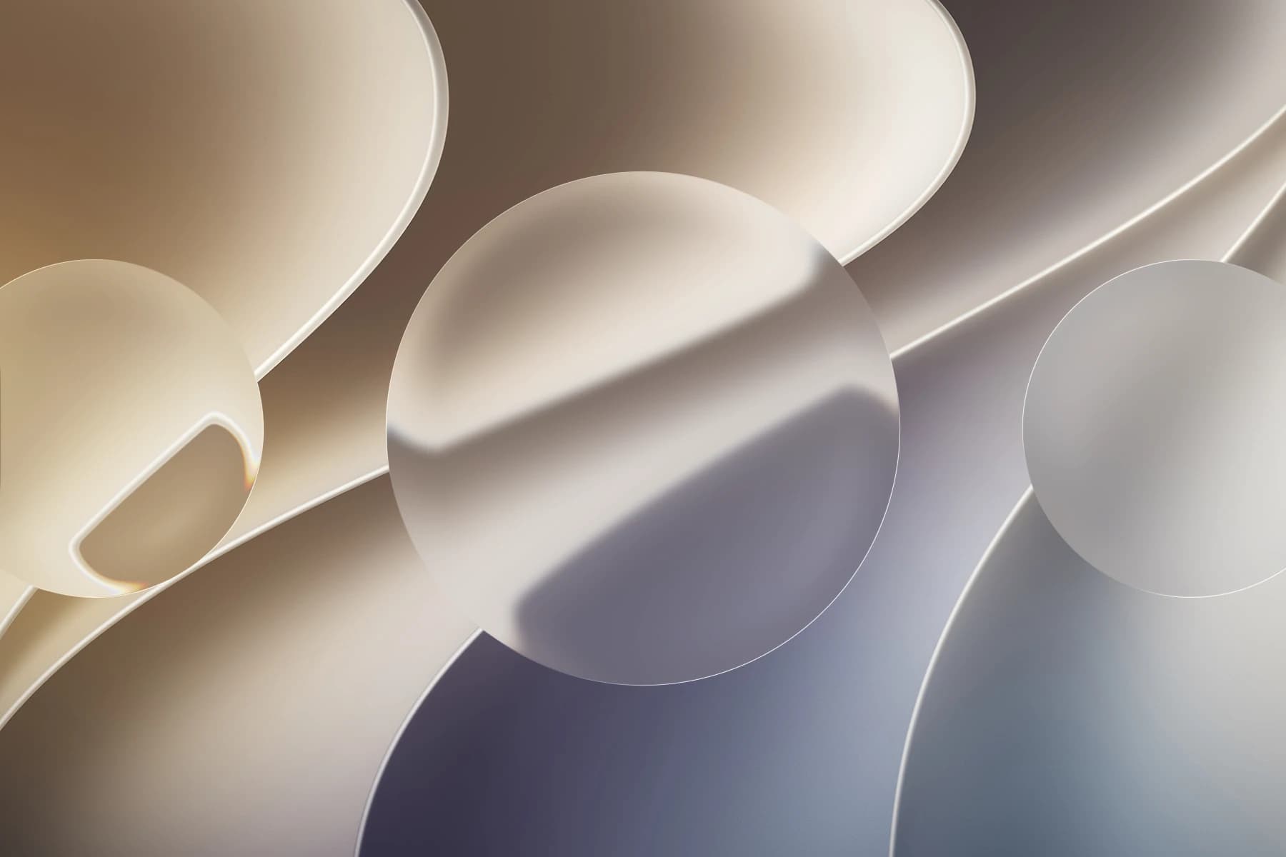 Frosted glass discs and curved panes over a pale ground, each bending and blurring what lies behind it