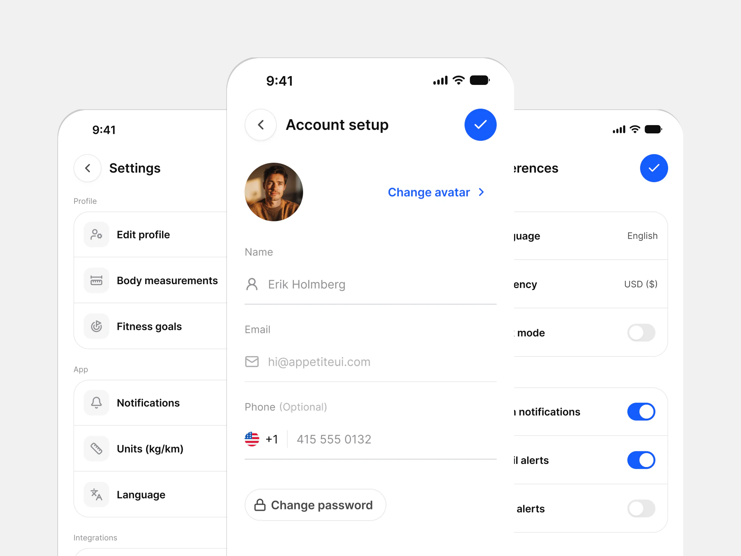 Settings screens from Appetite UI: a profile menu of grouped rows with chevrons, an account form and a notifications group of switches