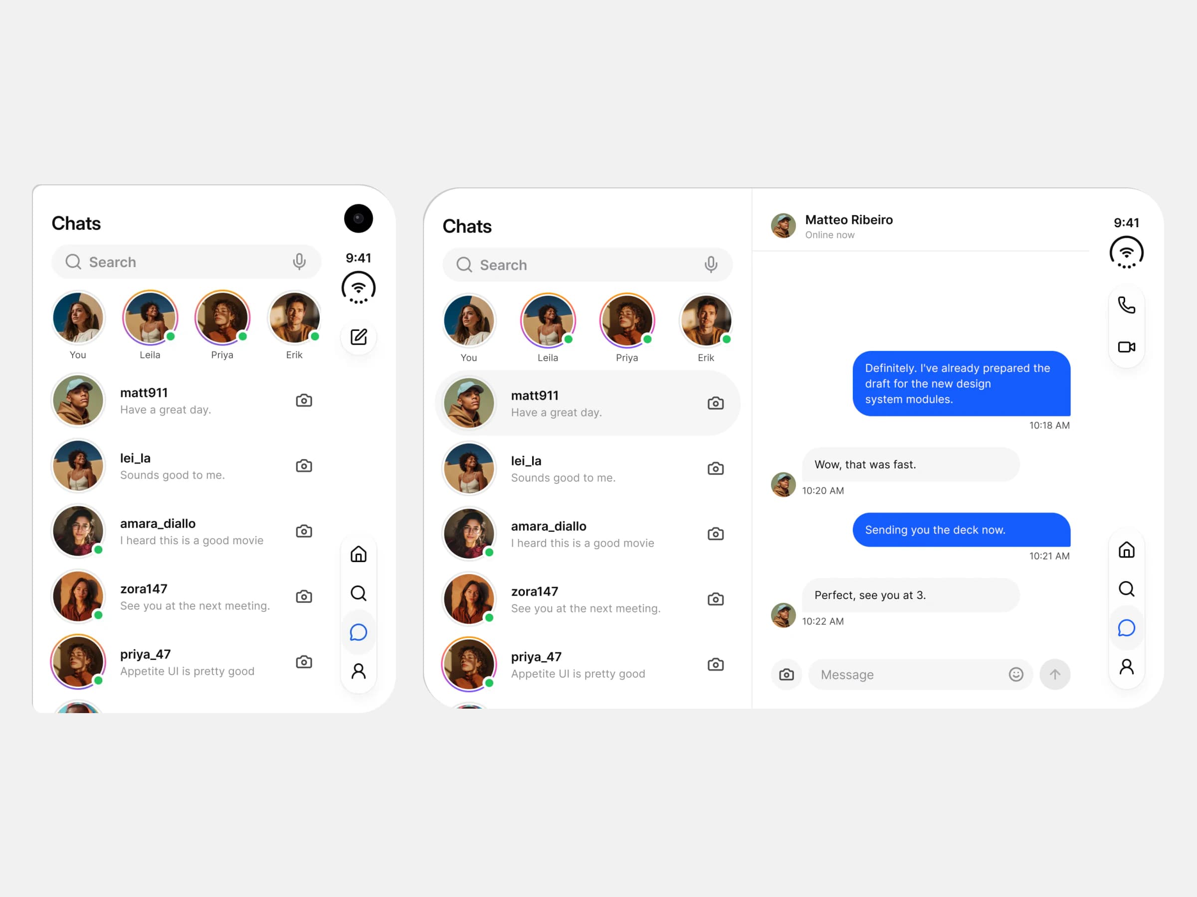 The Appetite UI Social app on the iPhone Duo outer display, a chat list, beside the inner display with the chat list and an open conversation
