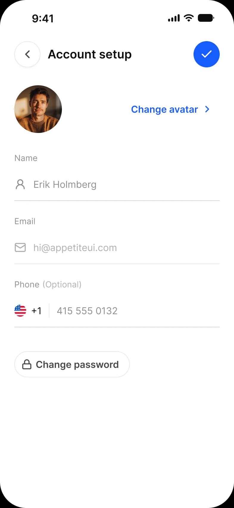 Account setup screen: a top bar with a back button and a blue confirm button, a profile photo with a Change avatar link, Name, Email and optional Phone fields with a country flag, and a Change password button