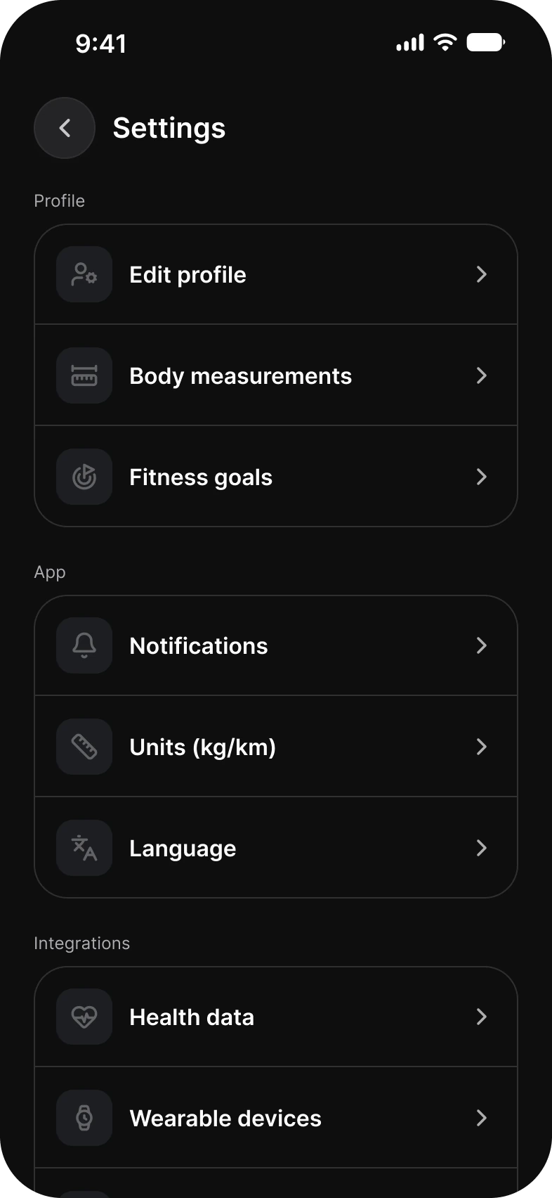 Settings menu screen in dark mode: a Settings top bar with a back button and rows grouped under Profile, App and Integrations, from Edit profile, Body measurements and Fitness goals to Notifications, Units, Language, Health data and Wearable devices, each with a leading icon tile and a chevron