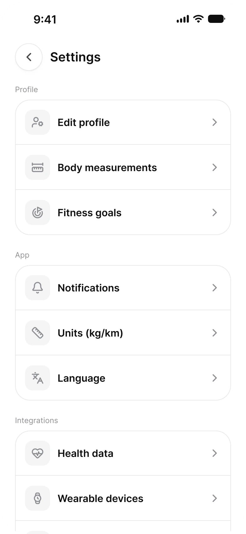 Settings menu screen: a Settings top bar with a back button and rows grouped under Profile, App and Integrations, from Edit profile, Body measurements and Fitness goals to Notifications, Units, Language, Health data and Wearable devices, each with a leading icon tile and a chevron