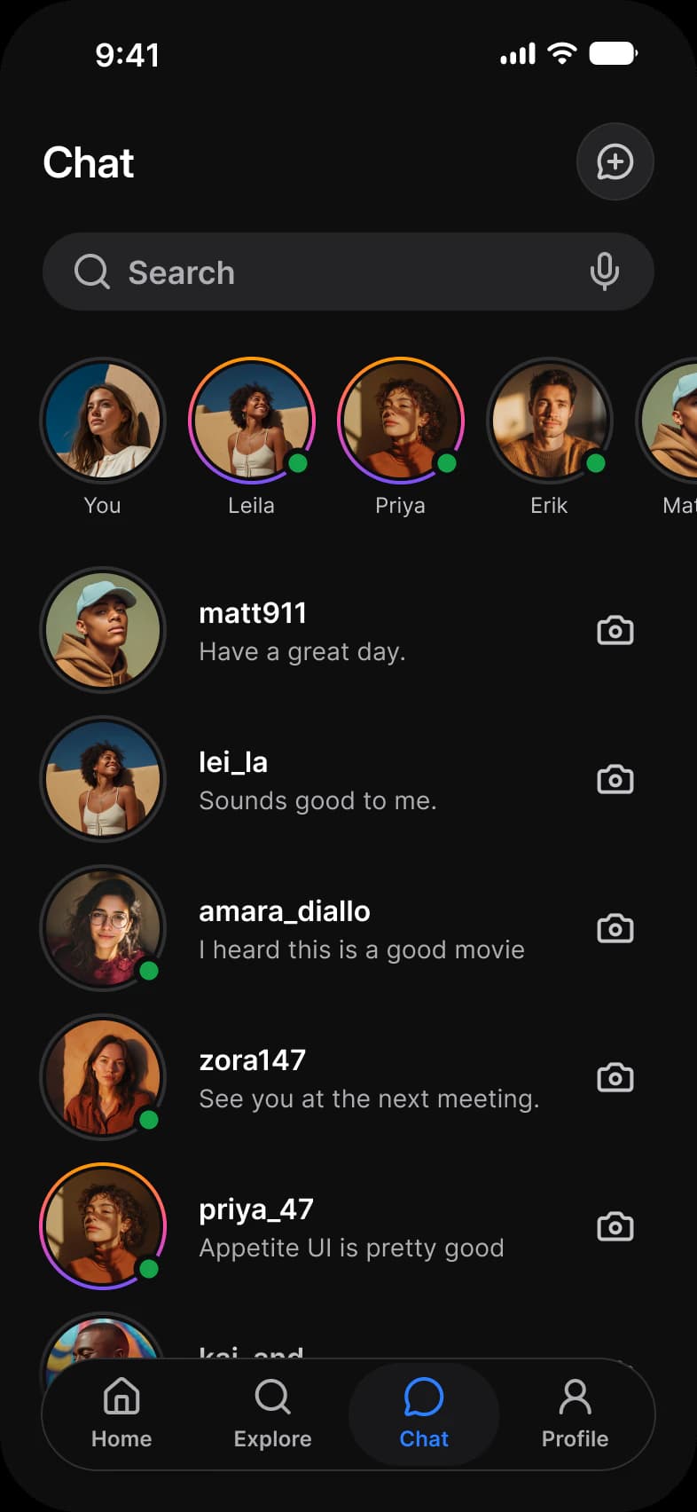 Social app Chat list in dark mode: a new message button, a Search field, a row of stories with online dots, and conversations from matt911 to priya_47, each with a message preview and a camera button
