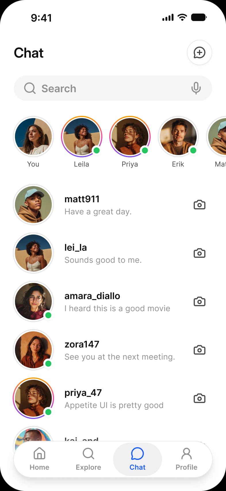 Social app Chat list: a new message button, a Search field, a row of stories with online dots, and conversations from matt911 to priya_47, each with a message preview and a camera button