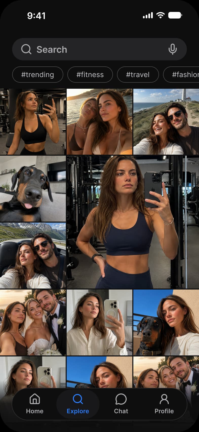 Social app Explore screen in dark mode: a Search field, #trending, #fitness, #travel and #fashion chips, and a grid of photos with one large tile