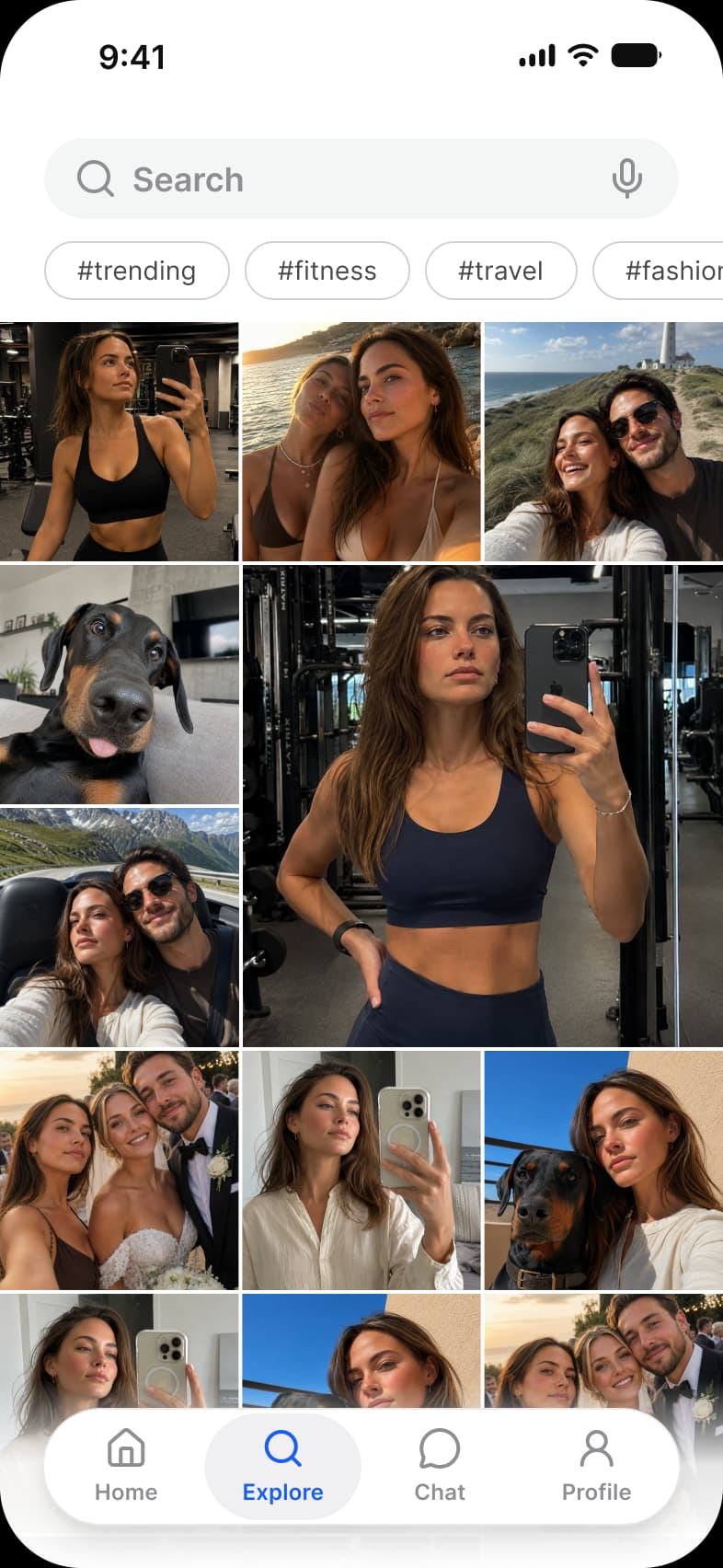 Social app Explore screen: a Search field, #trending, #fitness, #travel and #fashion chips, and a grid of photos with one large tile