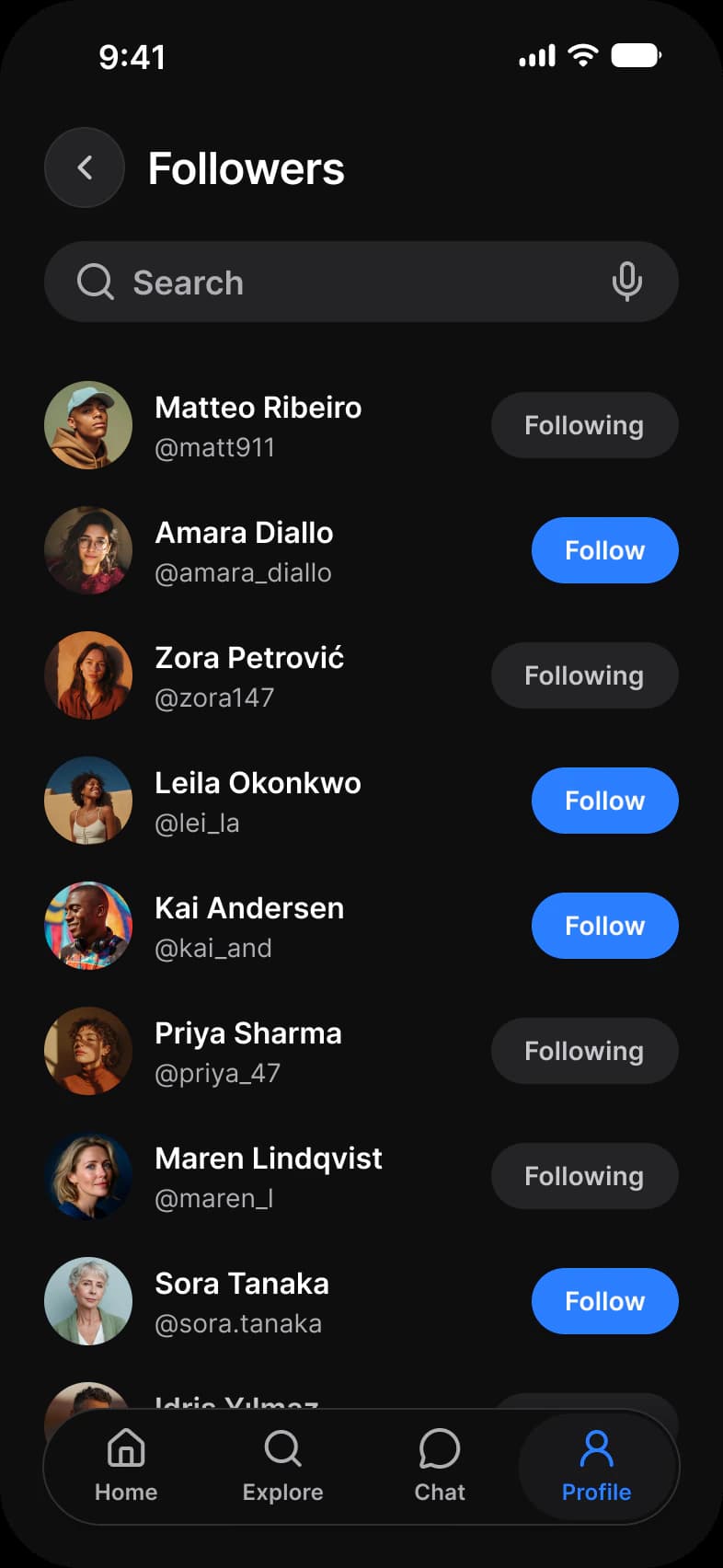 Social app Followers screen in dark mode: a back button, a Search field and a list of people with Following and Follow buttons