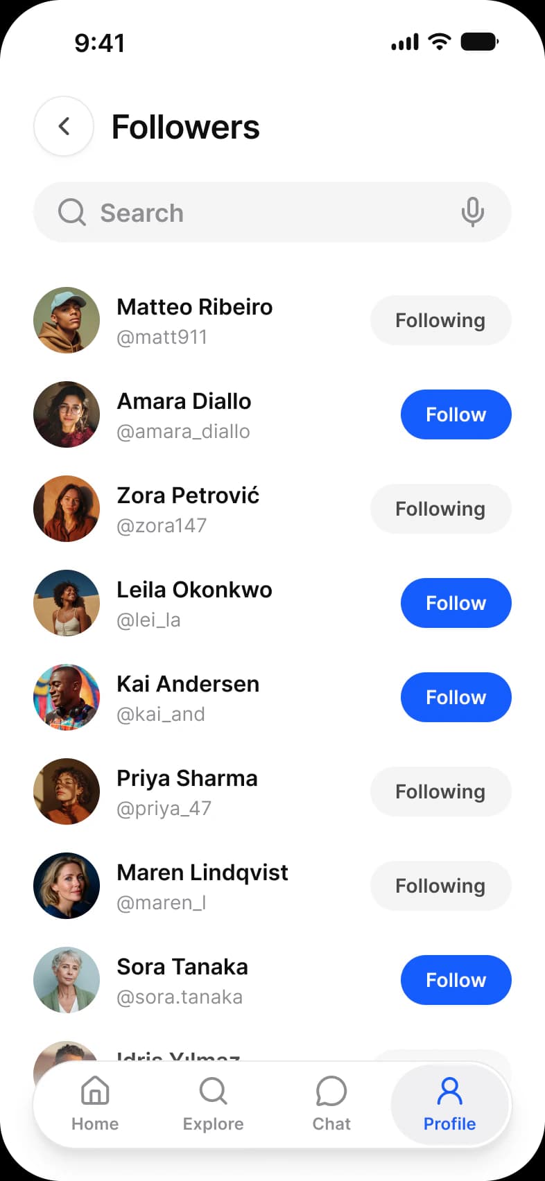 Social app Followers screen: a back button, a Search field and a list of people with Following and Follow buttons