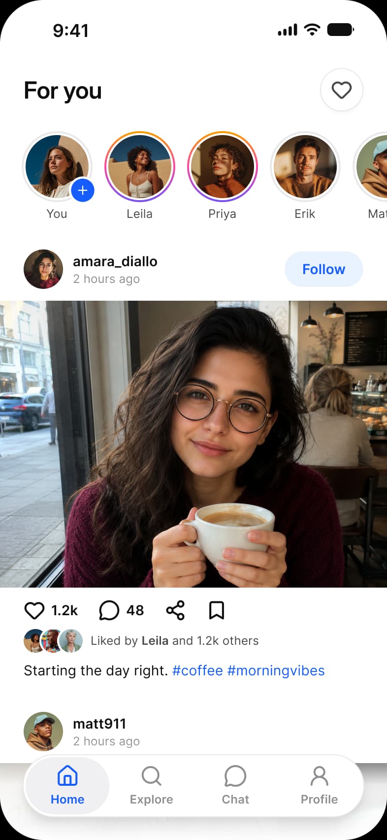 Social app Home screen titled For you: a row of stories with You, Leila, Priya and Erik, a post by amara_diallo with a Follow button, a photo, 1.2k likes, 48 comments and the caption Starting the day right, above the tab bar