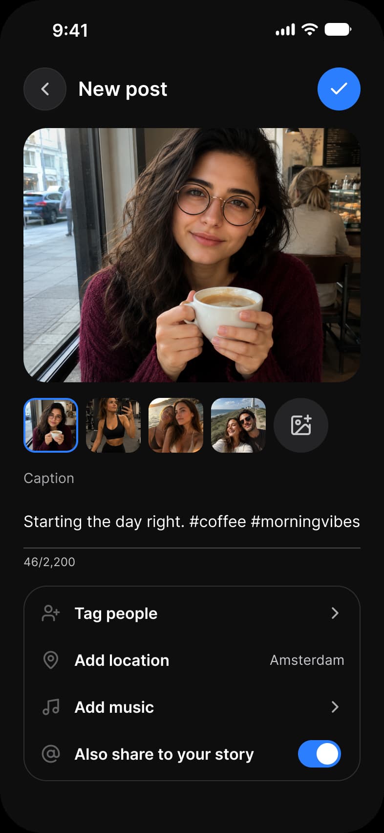 Social app New post screen in dark mode: a selected photo, a thumbnail strip with an add button, a Caption field with 46 of 2,200 characters, and Tag people, Add location, Add music and Also share to your story rows with a switch