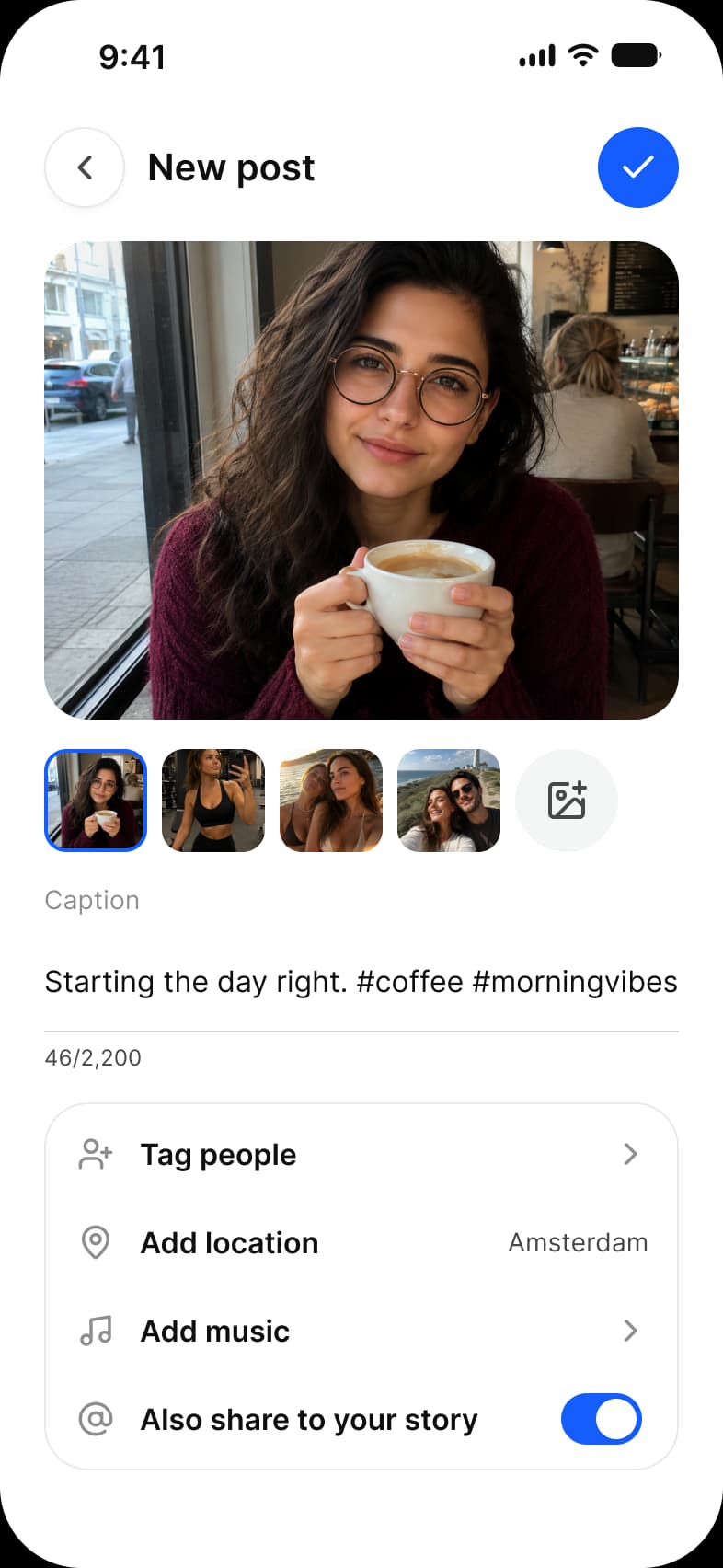 Social app New post screen: a selected photo, a thumbnail strip with an add button, a Caption field with 46 of 2,200 characters, and Tag people, Add location, Add music and Also share to your story rows with a switch
