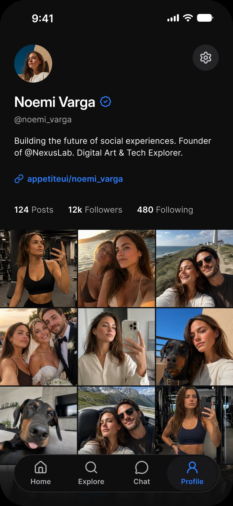 Social app Profile screen in dark mode: Noemi Varga with a verified mark, a bio and a link, 124 posts, 12k followers and 480 following, and a grid of photos above the tab bar