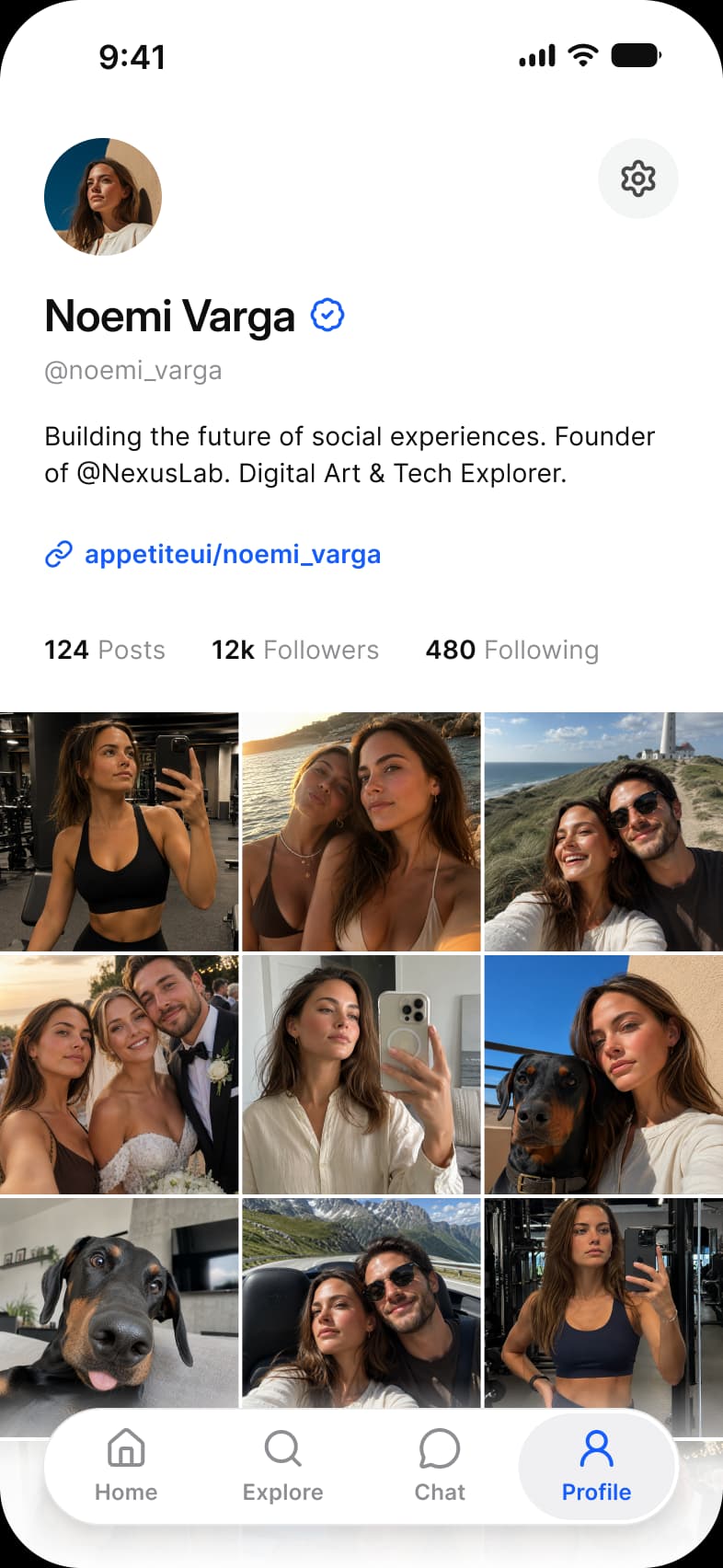 Social app Profile screen: Noemi Varga with a verified mark, a bio and a link, 124 posts, 12k followers and 480 following, and a grid of photos above the tab bar
