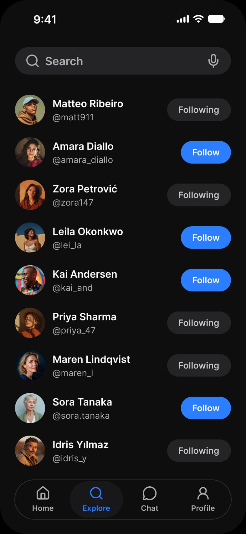 Social app Search screen in dark mode: a Search field above a list of people, each with an avatar, a name, a handle and a Following or Follow button
