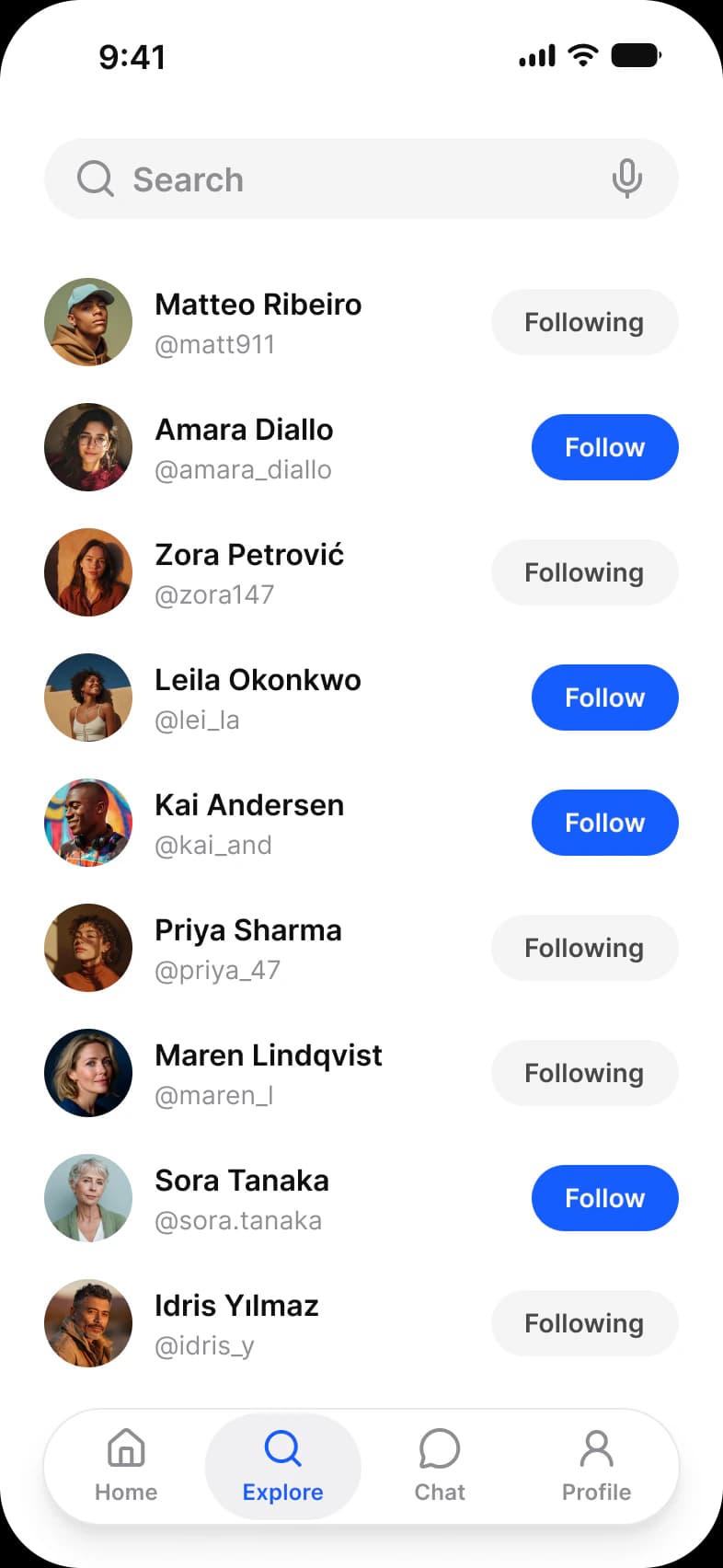 Social app Search screen: a Search field above a list of people, each with an avatar, a name, a handle and a Following or Follow button