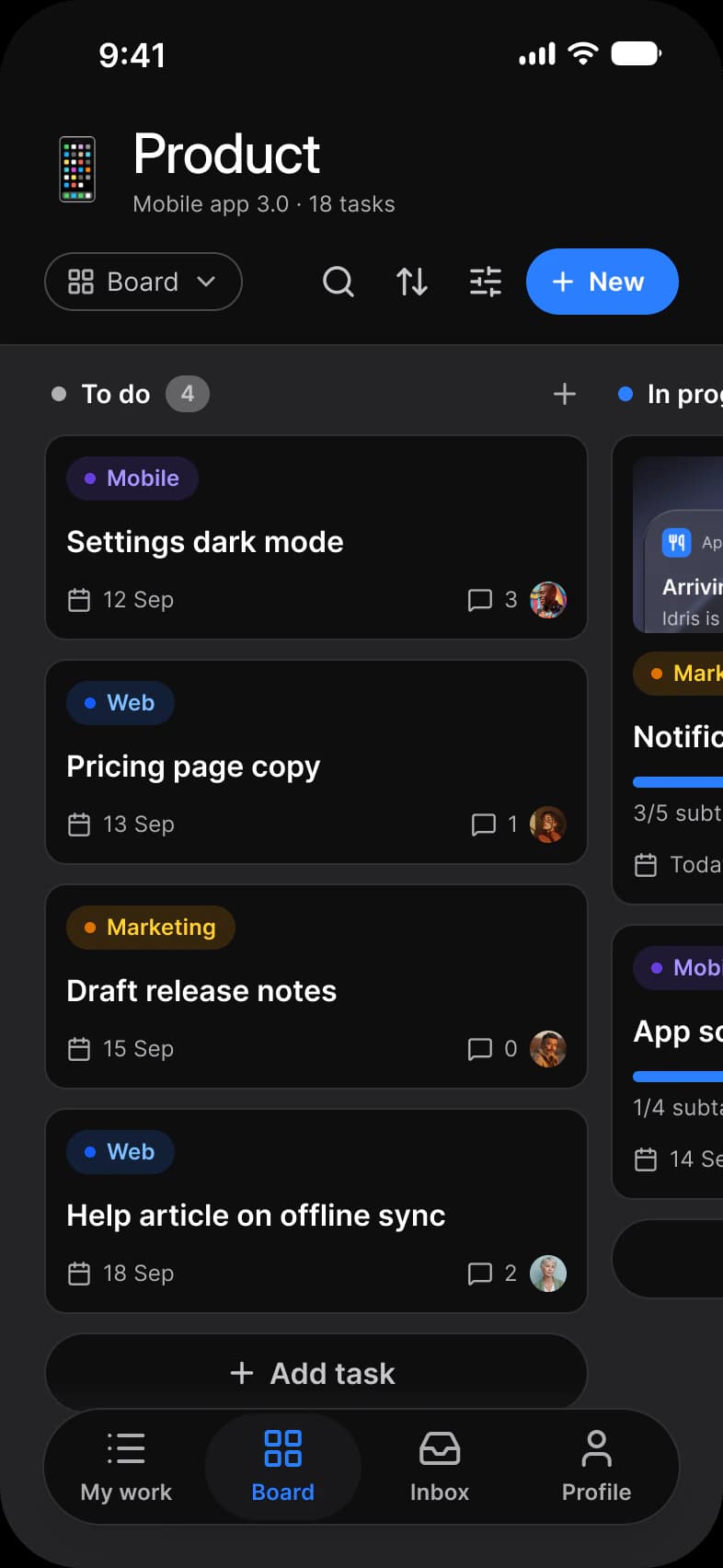 Tasks app Board screen in dark mode: the Product project with a Board view switch, search, sort and filter buttons and a New button above To do and In progress columns of task cards with labels, due dates, comment counts and assignee avatars, and an Add task button