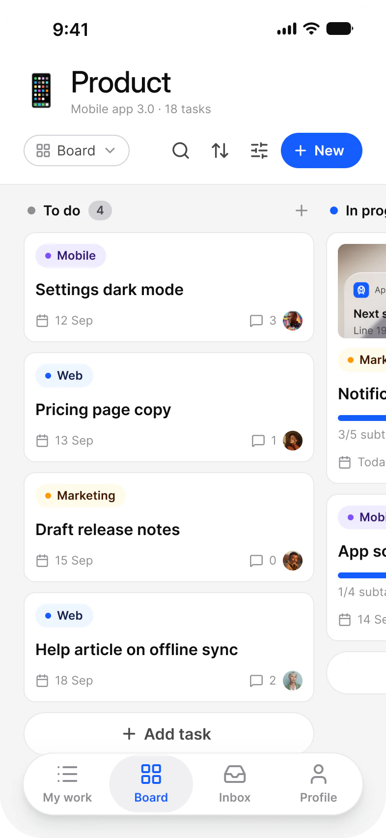 Tasks app Board screen: the Product project with a Board view switch, search, sort and filter buttons and a New button above To do and In progress columns of task cards with labels, due dates, comment counts and assignee avatars, and an Add task button