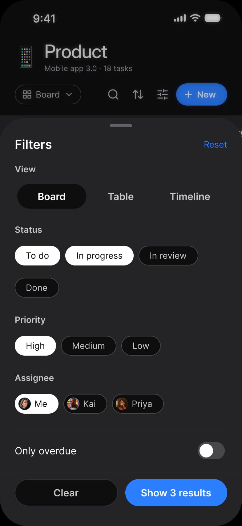 Tasks app Filters sheet over the dimmed Board in dark mode: a Board, Table and Timeline switch, Status, Priority and Assignee chips, an Only overdue switch, and Clear and Show 3 results buttons