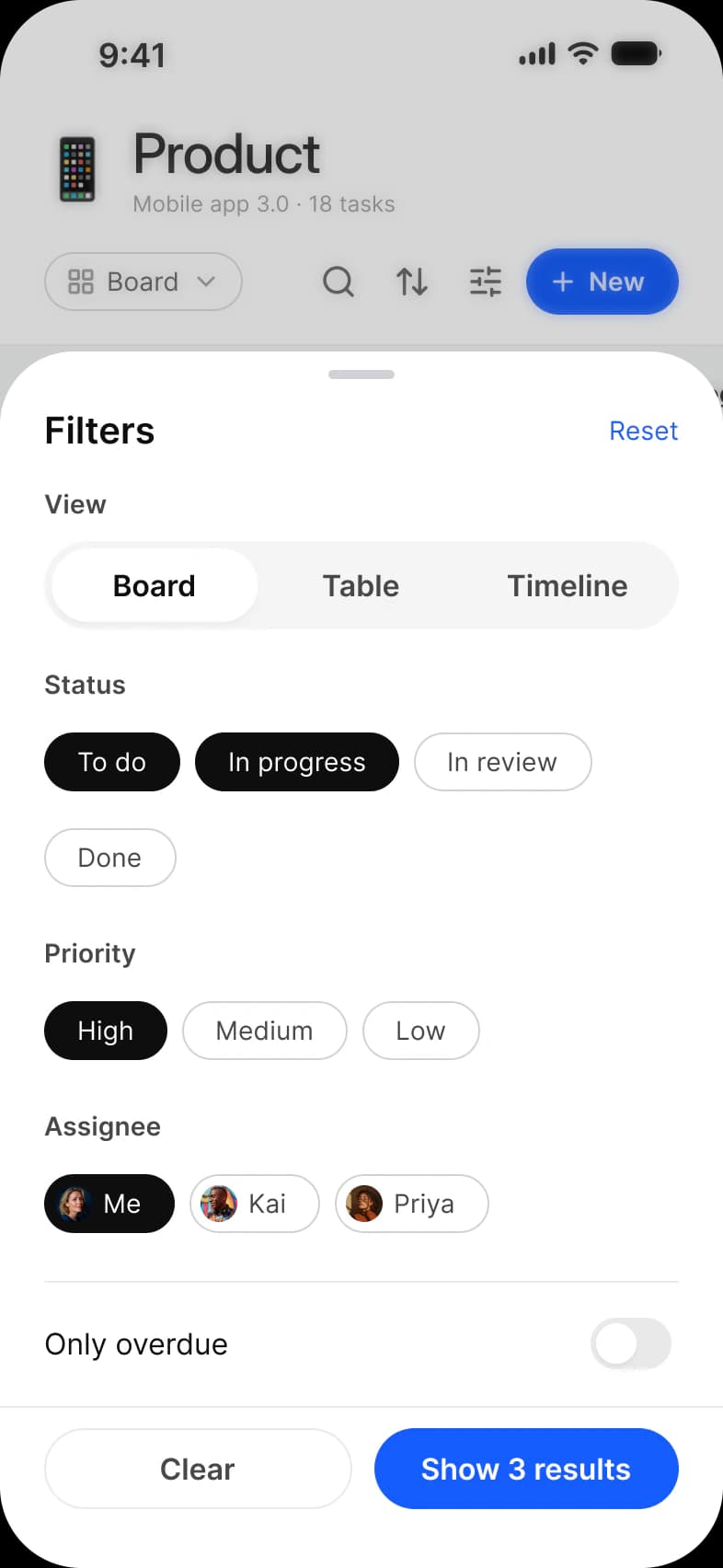 Tasks app Filters sheet over the dimmed Board: a Board, Table and Timeline switch, Status, Priority and Assignee chips, an Only overdue switch, and Clear and Show 3 results buttons
