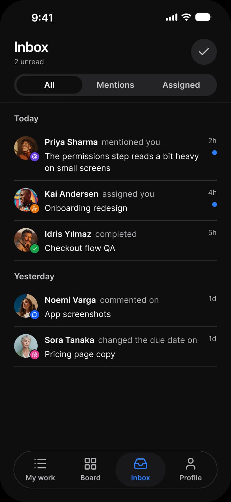 Tasks app Inbox screen in dark mode: a 2 unread count, All, Mentions and Assigned tabs, and notifications grouped under Today and Yesterday, each with an avatar, an action mark and a time