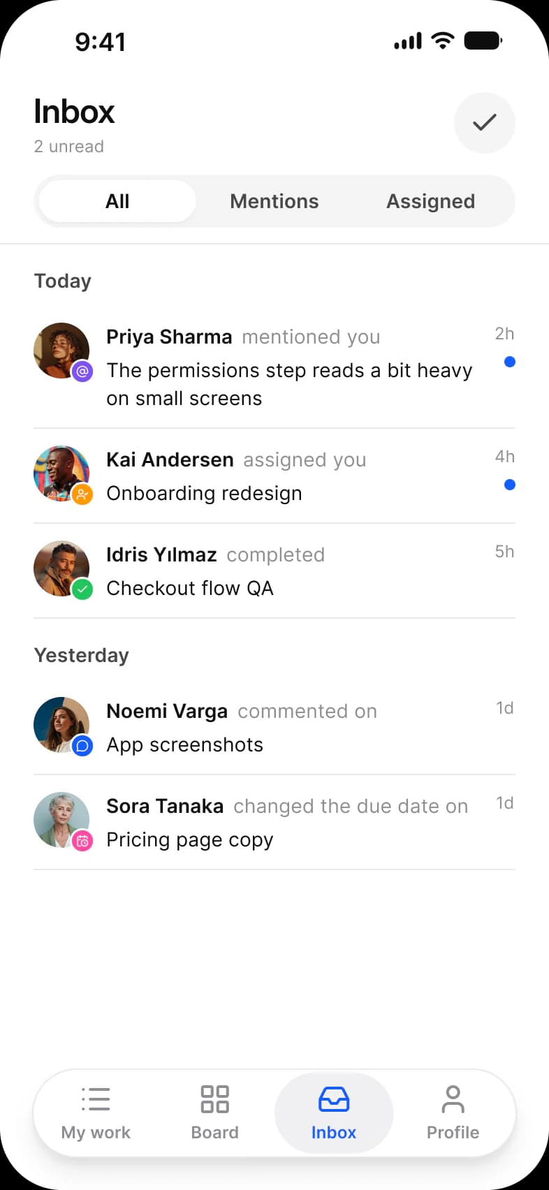 Tasks app Inbox screen: a 2 unread count, All, Mentions and Assigned tabs, and notifications grouped under Today and Yesterday, each with an avatar, an action mark and a time