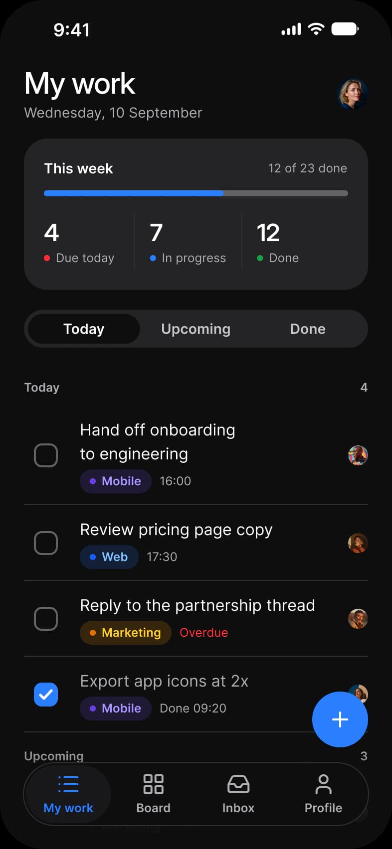Tasks app My work screen in dark mode: a This week card with 12 of 23 done, 4 due today, 7 in progress and 12 done, a Today, Upcoming and Done switch, task rows with checkboxes, labels and assignee avatars, and a floating add button above the tab bar
