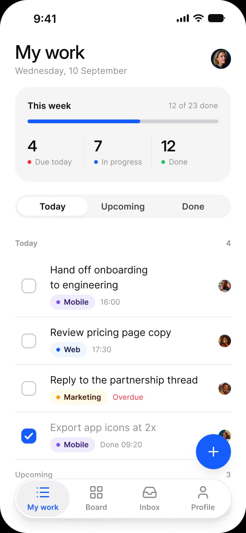 Tasks app My work screen: a This week card with 12 of 23 done, 4 due today, 7 in progress and 12 done, a Today, Upcoming and Done switch, task rows with checkboxes, labels and assignee avatars, and a floating add button above the tab bar