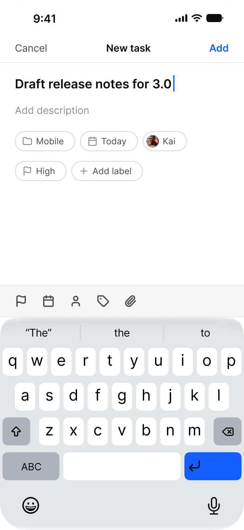 Tasks app New task sheet with the keyboard open: the title Draft release notes for 3.0, Mobile, Today, Kai, High and Add label chips, an attachment toolbar and the iOS keyboard