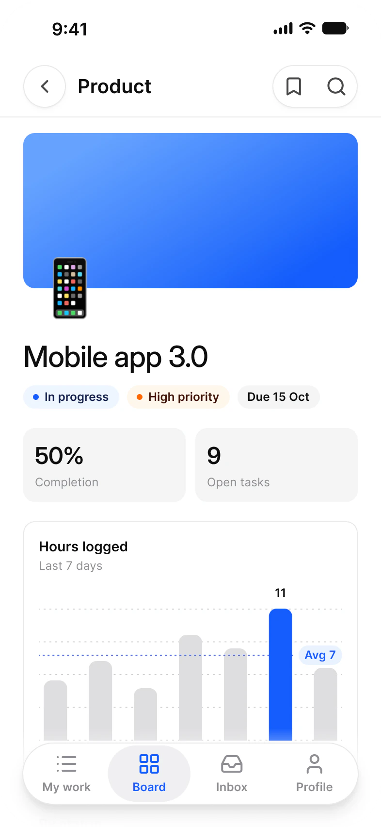 Tasks app Project screen: Mobile app 3.0 with In progress, High priority and Due 15 Oct badges, 50% completion, 9 open tasks and an Hours logged bar chart for the last 7 days that peaks at 11 with an Avg 7 line