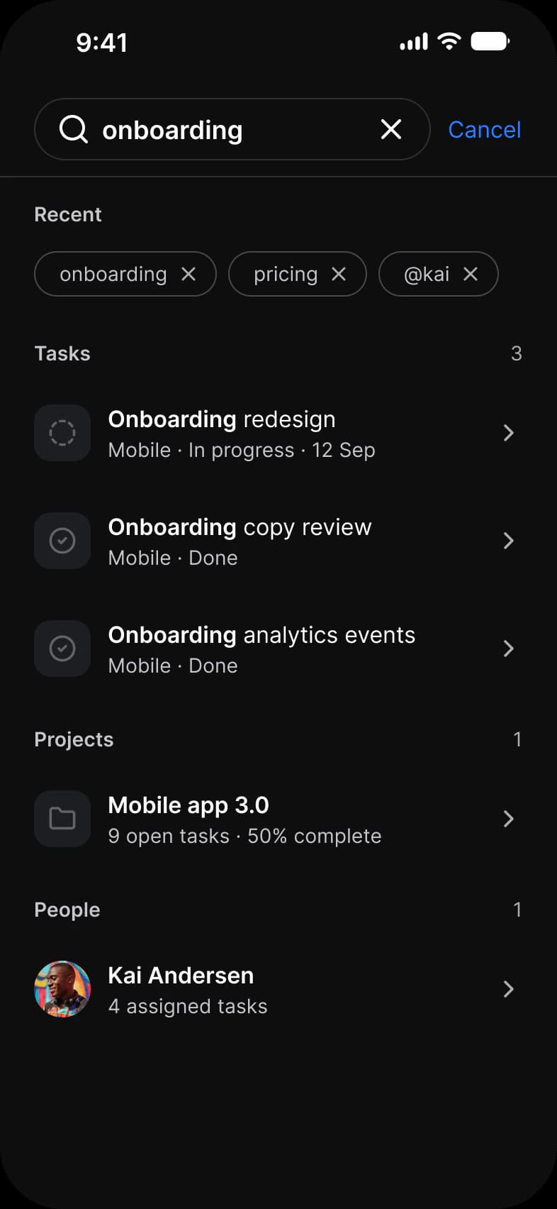 Tasks app Search screen in dark mode: the query onboarding with recent searches as removable chips and results grouped as Tasks, Projects and People