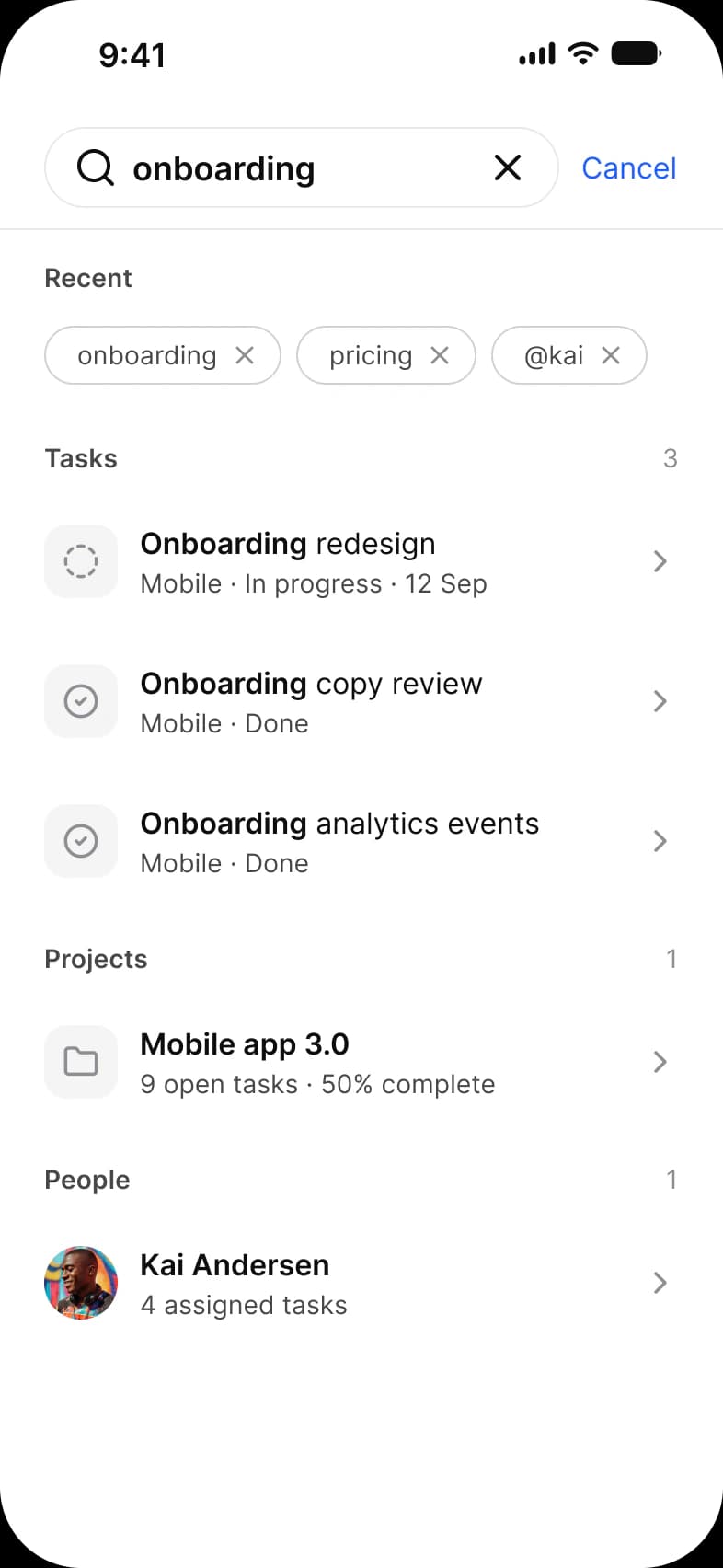 Tasks app Search screen: the query onboarding with recent searches as removable chips and results grouped as Tasks, Projects and People