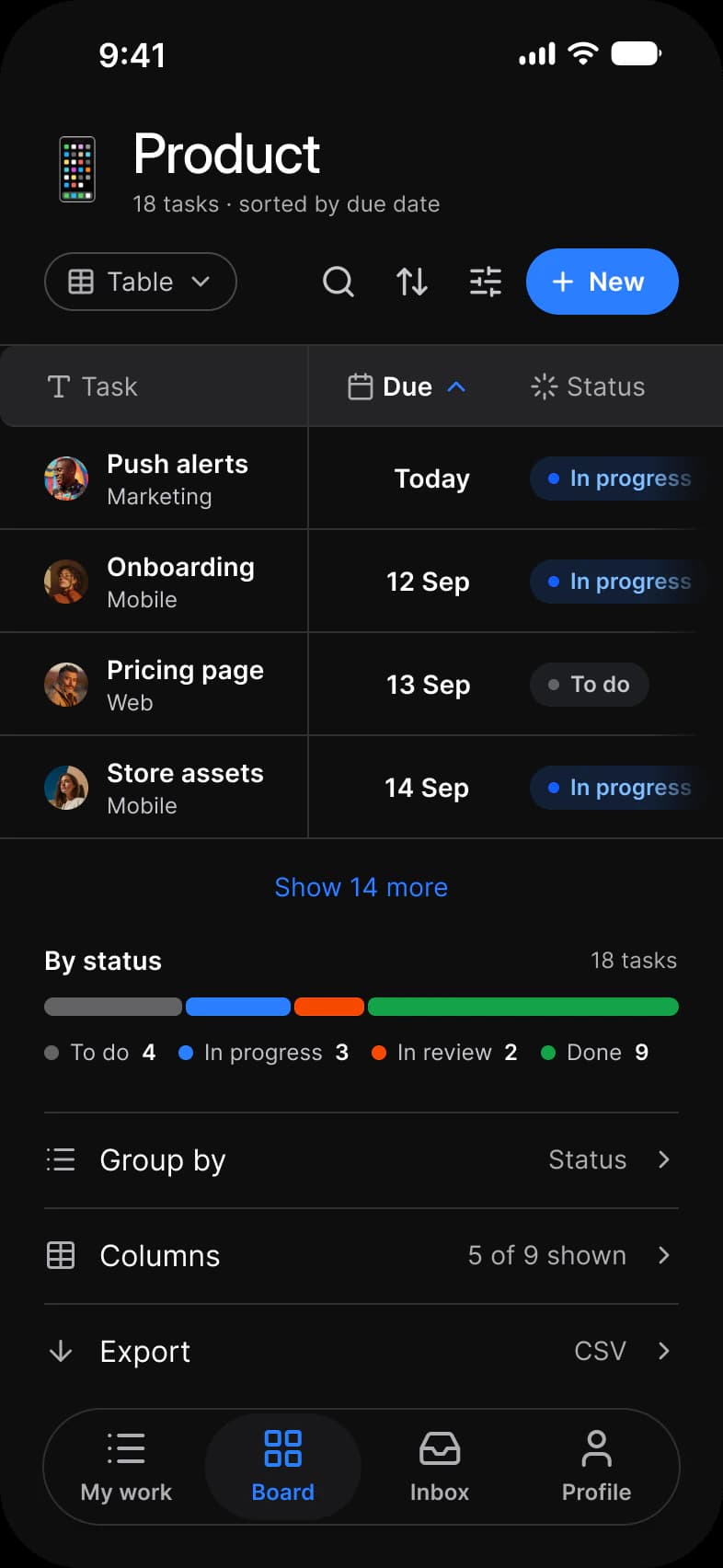 Tasks app Table screen in dark mode: Product tasks sorted by due date in a table with Task, Due and Status columns, a By status bar that splits 18 tasks into To do, In progress, In review and Done, and Group by, Columns and Export rows