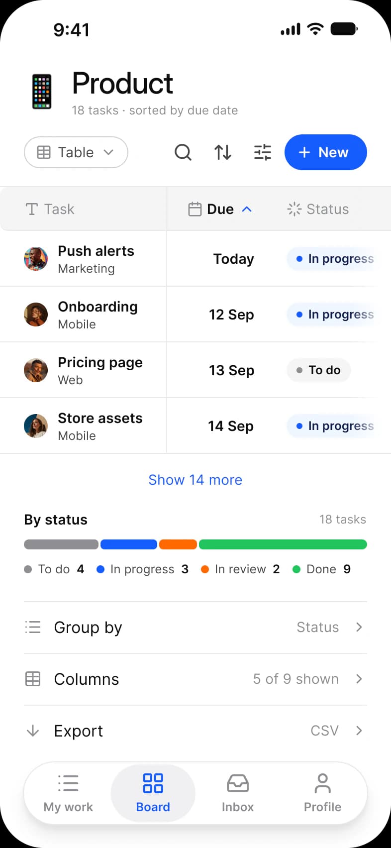 Tasks app Table screen: Product tasks sorted by due date in a table with Task, Due and Status columns, a By status bar that splits 18 tasks into To do, In progress, In review and Done, and Group by, Columns and Export rows